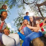 Close-up of teenagers sitting together on tree