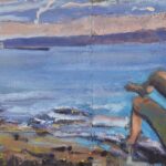 AaronLubrickAutumnBathingWithPassingBargeOilOnPanel21.5inx45.25in
