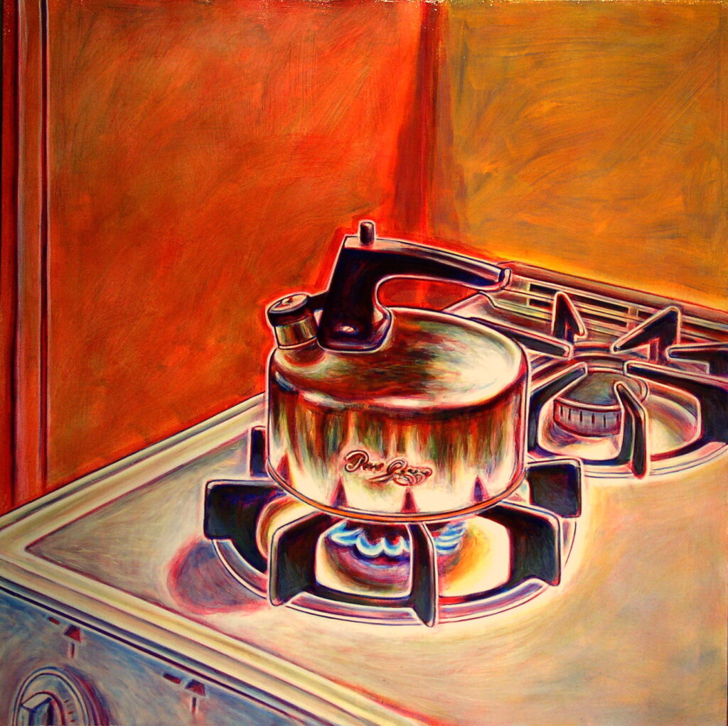 Image: Clay Wainscott, tea kettle, 2004, acrylic on canvas, 42 x 42". A painting of a tea kettle on a stove top against a red-orange wall. Blue flames can be seen underneath the kettle. Image courtesy of the artist.