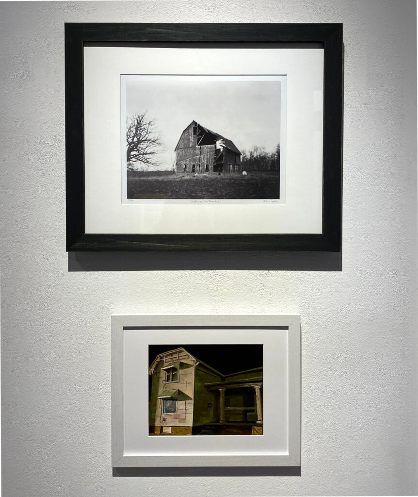 Image: Two framed photographs displayed on a white wall. Top: Glenn Taylor, "Lima Township," 2020, pinhole photograph. A black and white photo showing a dilapidated barn. Bottom: Natalia Pivoney, "Derelict Home," 2017, oil on paper. A color photo of a run-down house. Photo of artwork by the author.