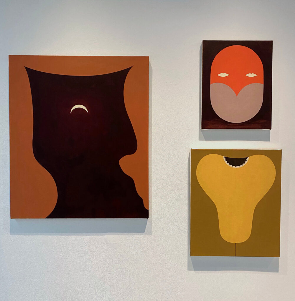 Image: Alice Tippit: Fathom, 2021, oil on canvas. Dove, 2021, oil on canvas. Cull, 2021, oil on canvas. Photo by Ely Maris. Three graphic pieces are hung on a white wall. They are all non-representational, although organic forms can be found and recognized within them.