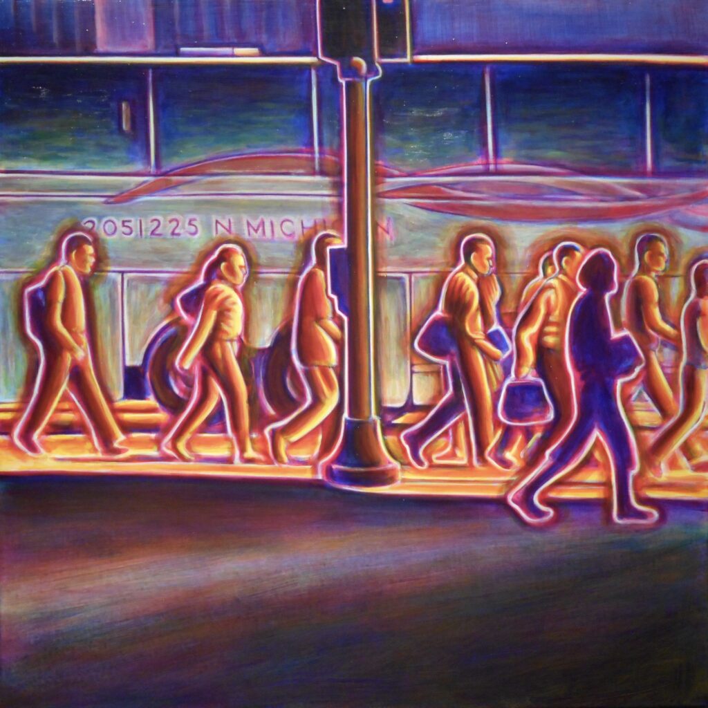 Image: Clay Wainscott, bus, 2014, acrylic on canvas, 40 x 40". A painting of a crowd of people walking from left to right on a street. The painting shows them in an orange light with violet-colored shadows. Image courtesy of the artist.