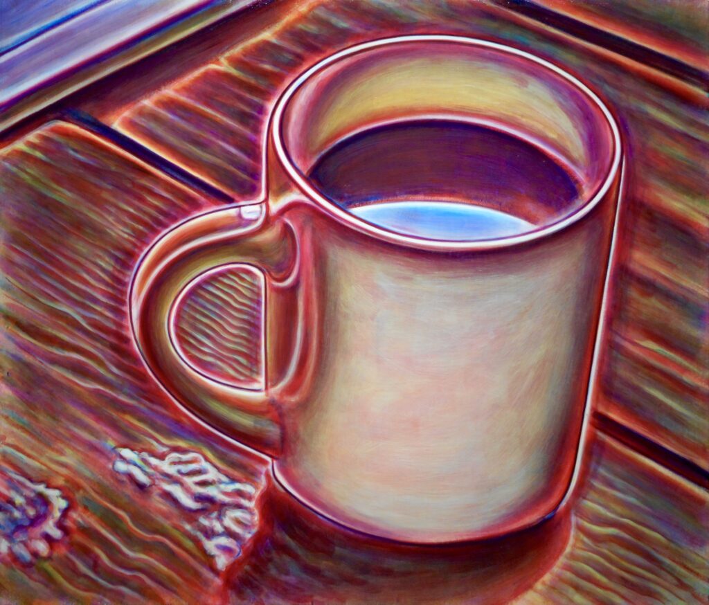 Image: Clay Wainscott, coffee, 2013, acrylic on canvas, 40 x 44". A painting of an off-white mug of coffee sitting on a wooden table. Image courtesy of the artist.