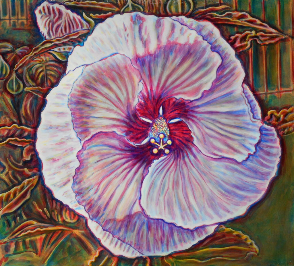 Image: Clay Wainscott, hibiscus, 2018, acrylic on canvas, 40 x 44". A painting of a white Hibiscus flower with hints of magenta, violet, and blue. Green leaves surround the flower. Image courtesy of the artist.