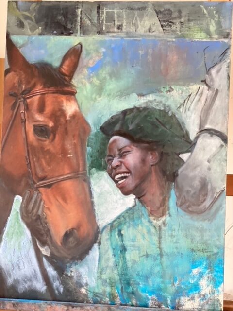 Image: Gaela Erwin, Neema, earlier version. A painting depicting two horses and a woman wearing a bright blue dress and a black hat. Photograph by Gaela Erwin. 