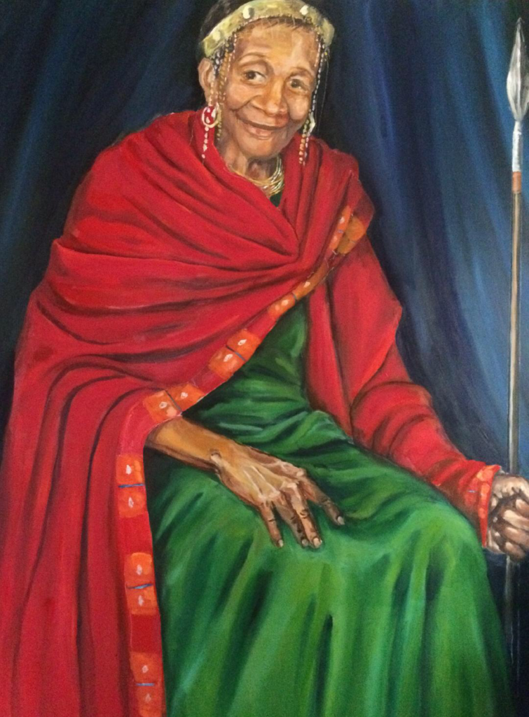 Image: Sandra Charles, Mary as Queen Nzinga of Angola (2016), oil on canvas, 2018, 48 x 60". An elderly Black woman sits while smiling and holding a spear. She wears a green dress, red cape, gold crown, and gold jewelry. Image courtesy of the artist.