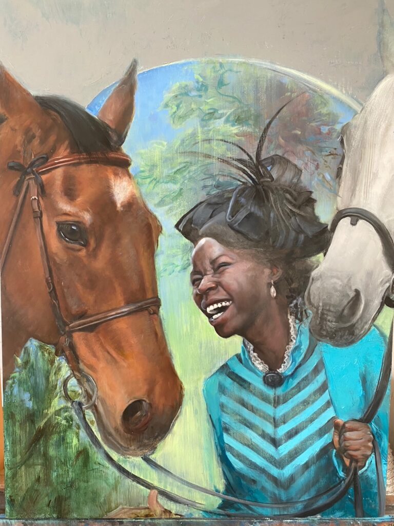 Image: Gaela Erwin, Neema, 2020-2022, oil on canvas, 40" x 30". A painting depicting two horses and a woman wearing a bright blue dress and a black hat. Photograph by Gaela Erwin. 