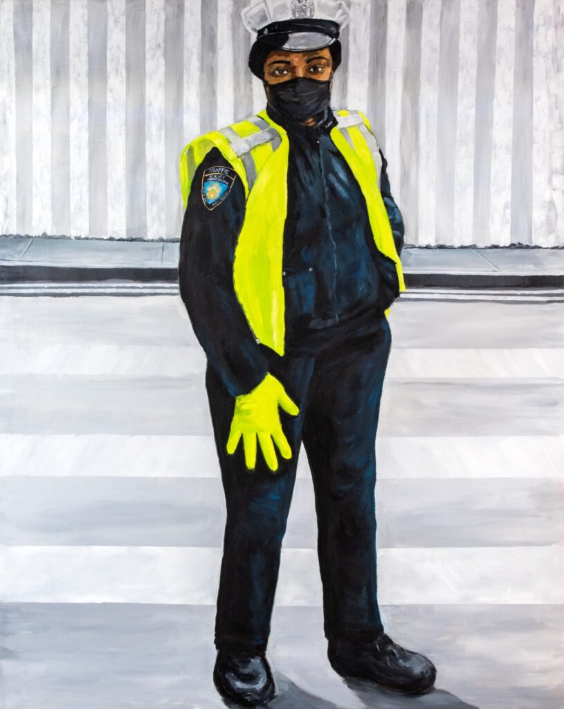 Image: Sandra Charles, untitled (2021), oil on canvas, 2018,  48 x 60". A painting of a Black woman crossing guard. She stands on a street facing the viewer while wearing a neon yellow vest and gloves, a black face mask, dark clothing, and a hat. Image courtesy of the artist.