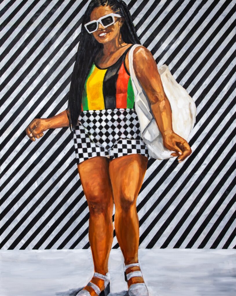 Image: Sandra Charles, Juneteenth (2021), oil on canvas, 2018, 48 x 60". A painting of a Black woman smiling while standing in front of a black and white striped background. She is carrying a tote bag while wearing sunglasses, checkered shorts, and striped shirt that is black, green, yellow, and red. Image courtesy of the artist.