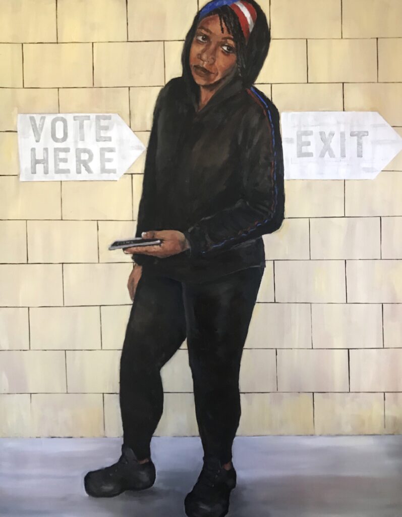 Image: Sandra Charles, Her Vote (2020), oil on canvas, 2018,  48 x 60". A painting of a Black woman wearing all dark clothing while holding her phone. She stands in front of a wall with one sign on each side of her. The left sign reads: "VOTE HERE" and the right sign reads: "EXIT". Image courtesy of the artist.