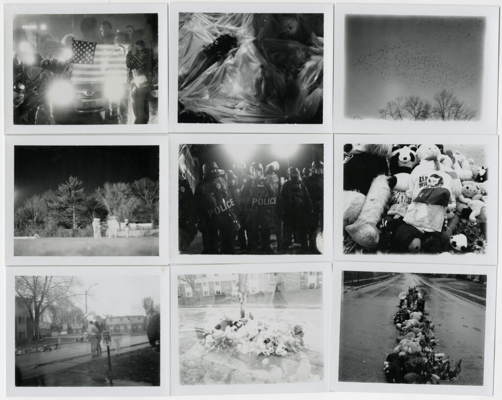 Image: Carlos Javier Ortiz, Ferguson a memory from Mike Brown, Polaroid prints. Nine black and white photographs laid out in a 3x3 grid. The photos show various scenes in Ferguson, MO. Image courtesy of the artist.