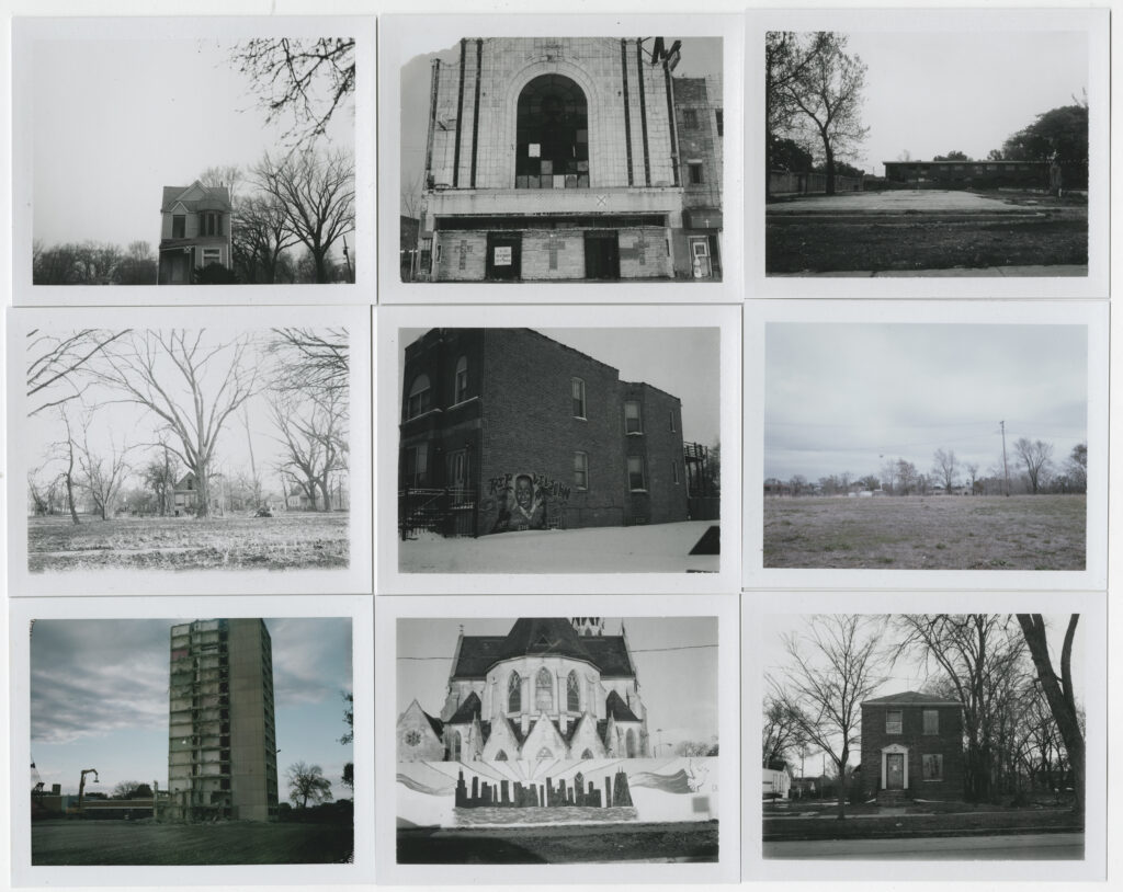 Image: Carlos Javier Ortiz, Untitled, Polaroid prints. Nine photographs are shown in a 3x3 grid. Each photograph shows a different type of residential building, some from far away and others from closer up. Image courtesy of the artist.