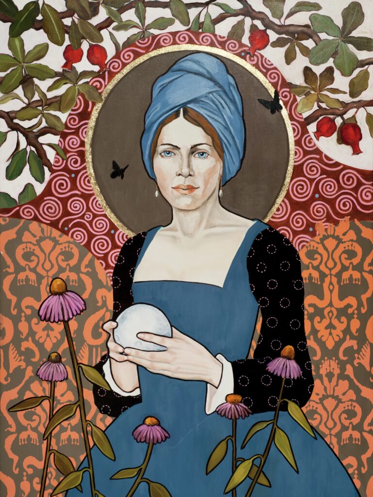 Image: Honora Jacob, Celeste Amid the Coneflowers, 2020, oil and gold leaf on canvas, 40” x 30”. A painting depicting Celeste, a.k.a. Selene the goddess of the moon. She is is wearing a blue dress and a blue head wrap while looking directly at the viewer. She holds a small moon in her hands. The background shows various floral patterns and a gold halo-like circle is behind Celeste's head. Image courtesy of the artist. 