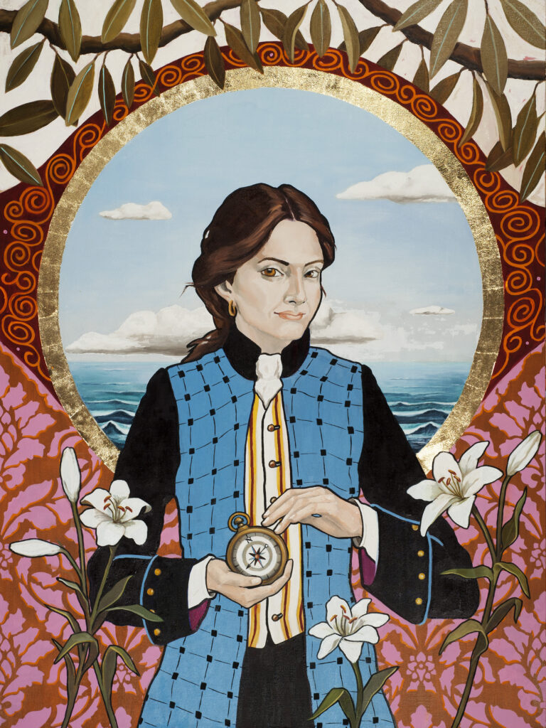 Image: Honora Jacob, Jeanne’s Circumnavigation 1769, 2022, oil and gold leaf on linen, 40” x 30”. A painting depicting Jeanne Baret was the first woman to circumnavigate the globe. She is wearing men's clothing while holding a compass. She looks directly at the viewer. The background shows various floral patterns. Behind Jeanne's head is a round, window-like portal overlooking an ocean. Around this portal is a golden, halo-like circle. Image courtesy of the artist. 
