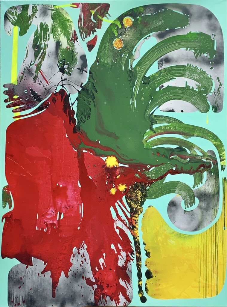 Image: Vian Sora, Cobra Lily, 2022, mixed media on canvas (acrylic, pigments, finished with oil on canvas), 80" x 60". An abstract painting that is largely red, yellow, grey, and green on a turquoise background. Courtesy of the artist.