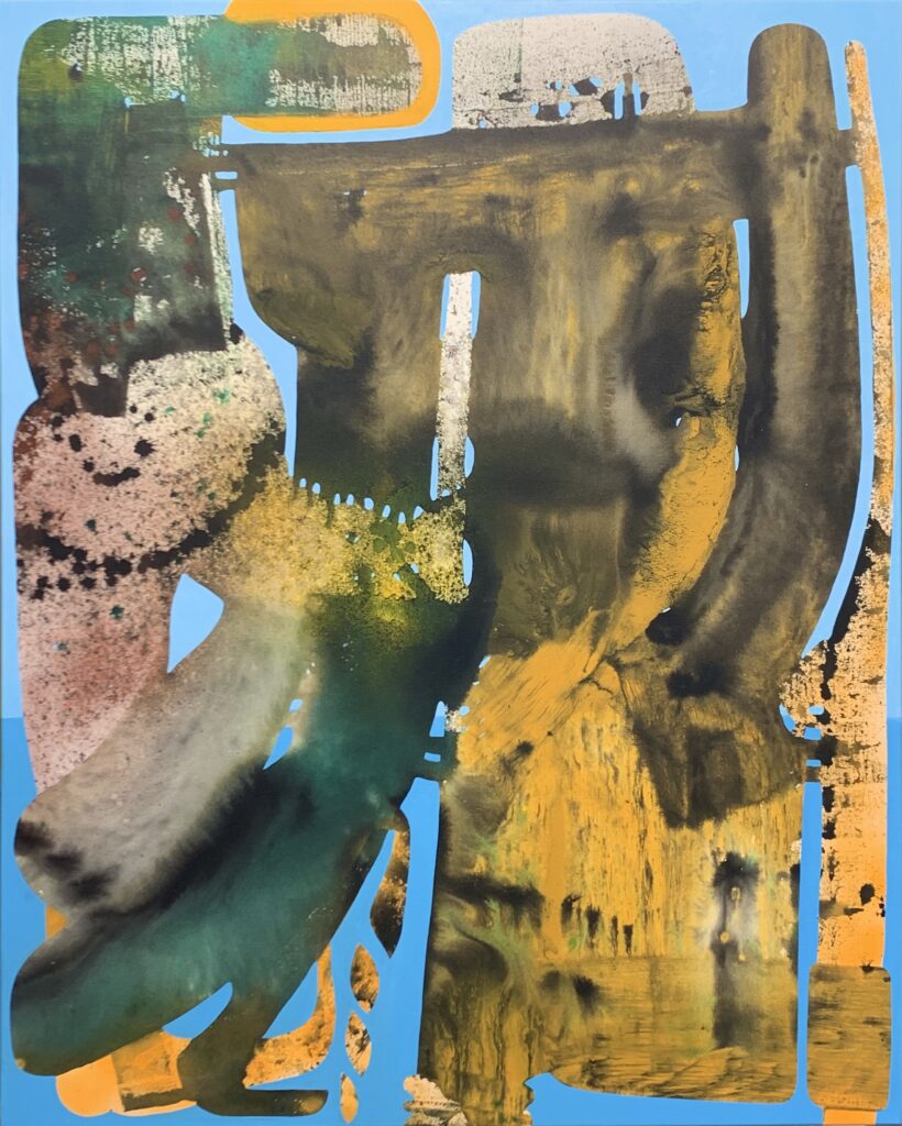Image: Vian Sora, Outerworld I, 2022, mixed media on canvas, (acrylic, pigments, finished with oil on canvas), 60" x 48". An abstract painting that is largely yellow, brown, and dark green on a blue background. Courtesy of the artist.