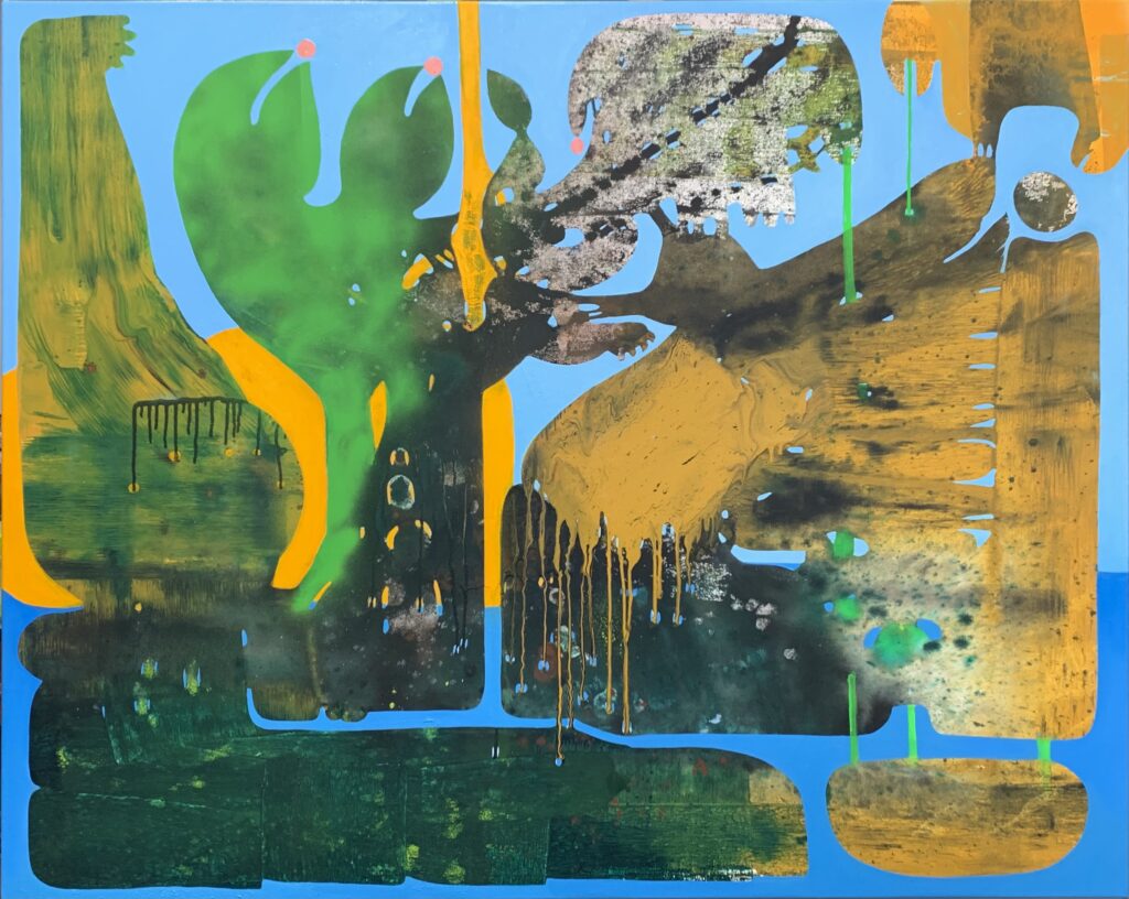 Image: Vian Sora, Rebirth, 2022, mixed media on canvas, (acrylic, pigments, finished with oil on canvas), 48" x 60". An abstract painting that is largely yellow, orange, dark green, and green on a blue background. Courtesy of the artist.