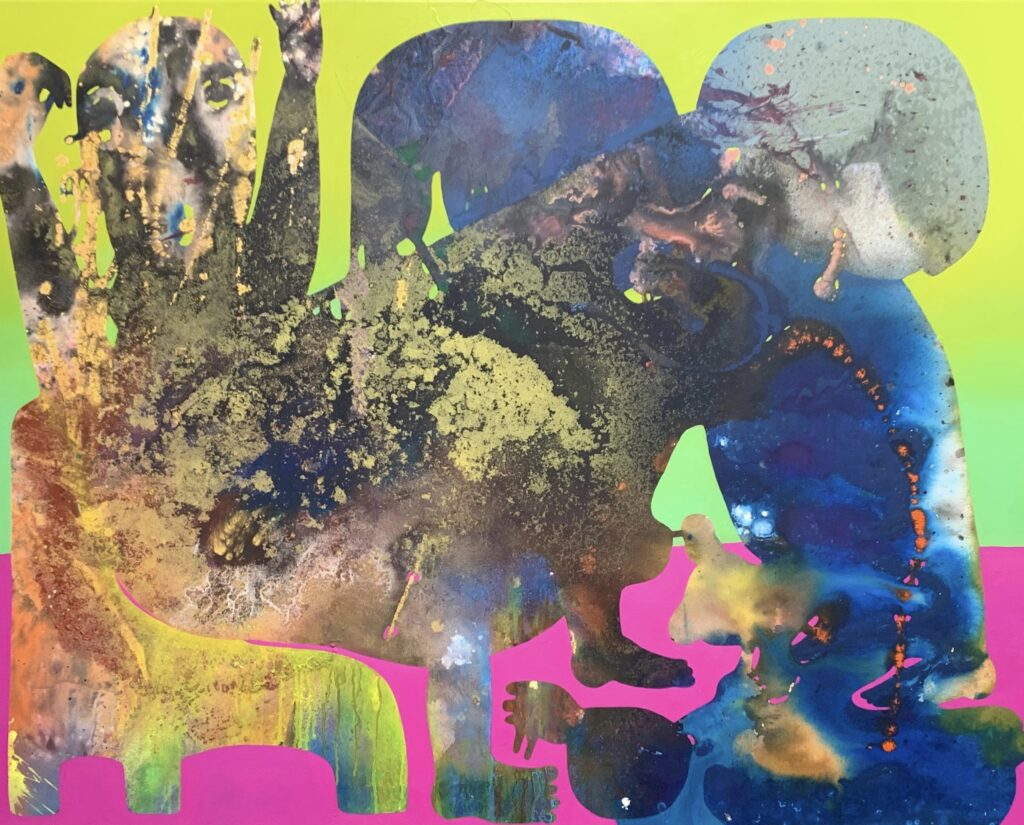 Image: Vian Sora, Rhapsody, 2022, mixed media on canvas, (acrylic, pigments, finished with oil on canvas), 48" x 60". An abstract painting that is largely yellow, dark blue, and brown on a neon pink and green background. Courtesy of the artist.