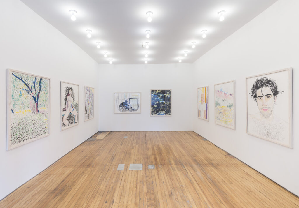 Image: Installation image of the exhibition I See This Echoing by John Brooks at March Gallery, New York City. A photo of an exhibition space, showing eight large drawings hanging on three walls. Photographed by Cary Whittier.