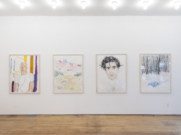 Image: Installation image of the exhibition I See This Echoing by John Brooks at March Gallery, New York City. A photo of an exhibition space, showing four large drawings hanging on a wall: two are figurative and two show nature. Photographed by Cary Whittier.