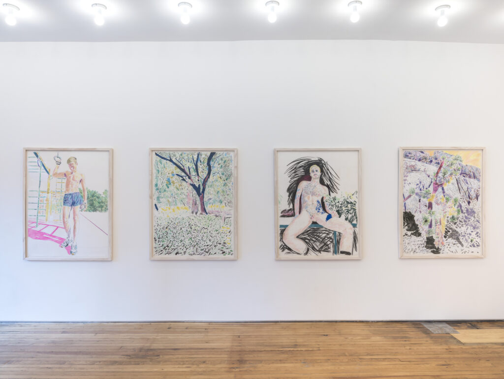 Image: Installation image of the exhibition I See This Echoing by John Brooks at March Gallery, New York City. A photo of an exhibition space, showing four large drawings hanging on a wall: two are figurative and two show nature. Photographed by Cary Whittier.