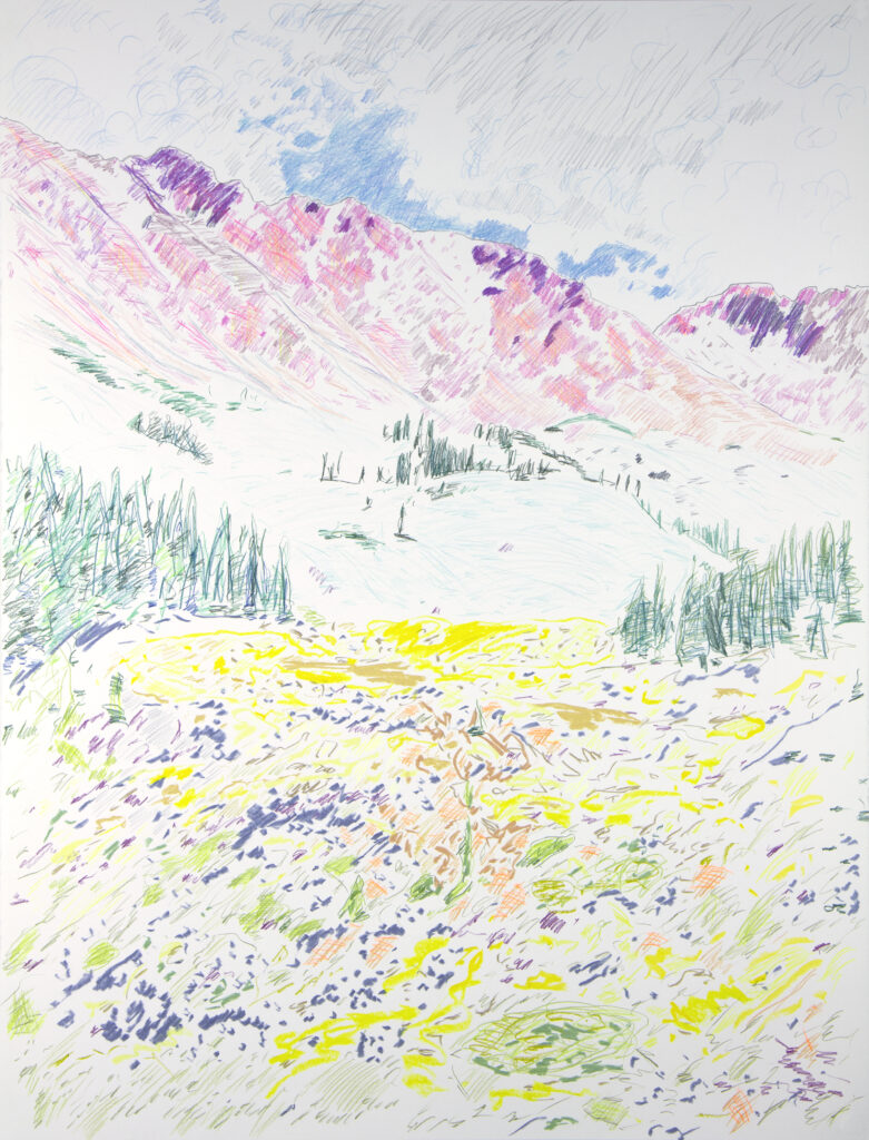 Image: John Brooks, A cuckoo sings to me, to the mountain to me, to the mountain -Kobayashi Issa (1763-1828), 2021, graphite, colored pencil, pastel on paper, 50" x 38.5". A drawing of a landscape showing pink/purple mountains in the background and yellow/green vegetation in the foreground. Photo provided by March gallery.