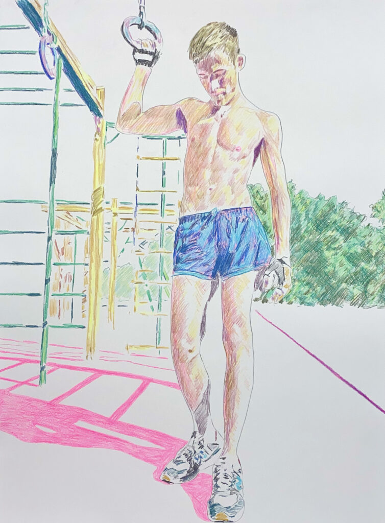 Image: John Brooks, Before I Caught Your Coldness, 2022, graphite, colored pencil, pastel on paper, 50" x 38.5". A young boy wearing blue shorts and tennis shoes stands by a playground. His shadow is bright pink. Photo provided by March gallery.