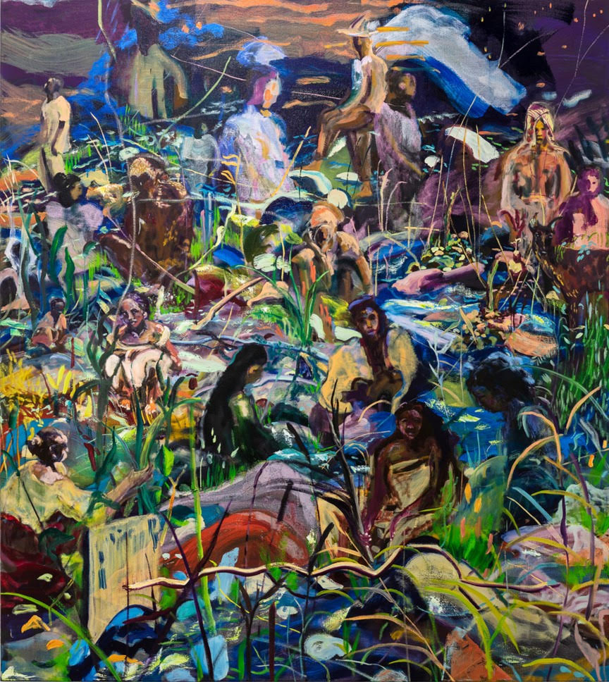 Image: Maia Cruz Palileo, A Night That Was As Light As Day, 2021. This piece is one of nzinga’s favorite works among the Speed’s contemporary holdings. It shows a scene of various people in an abstract scene amongst nature.