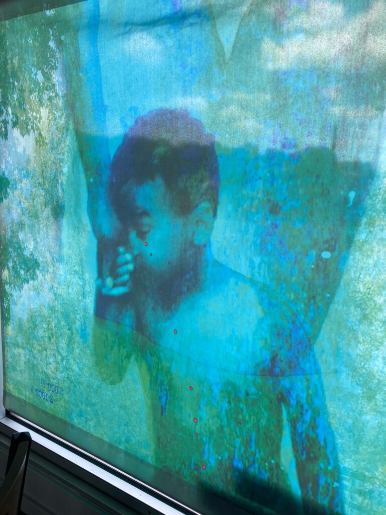 Image: Installation for the I Was Here project, courtesy of Marjorie Guyon. A large photo of a very young boy is shown on a wall. The image is mostly made up of blues and greens.