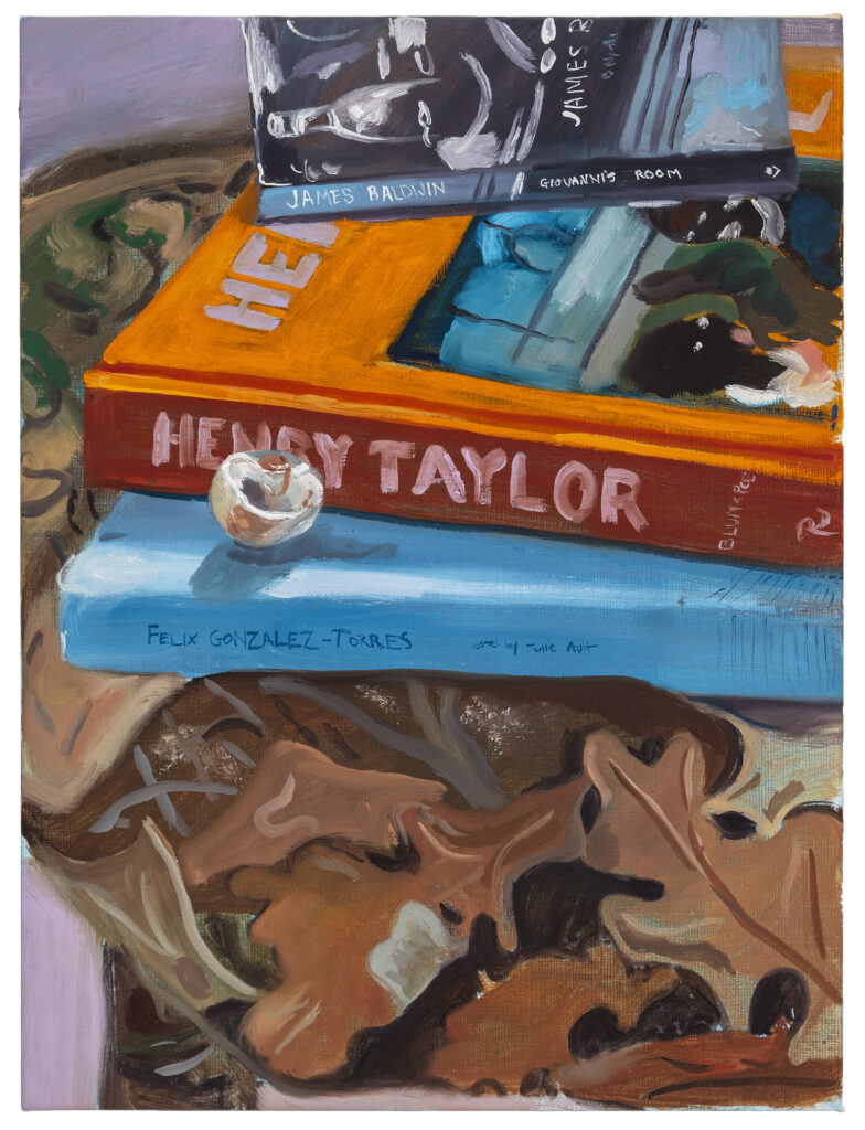 Image: Aaron Michael Skolnick. Baldwin, Taylor, Torres, 2022. Oil on canvas,  16” x 12”. Photo provided by MARCH gallery. A painting of a stack of books sitting on top of brown leaves.