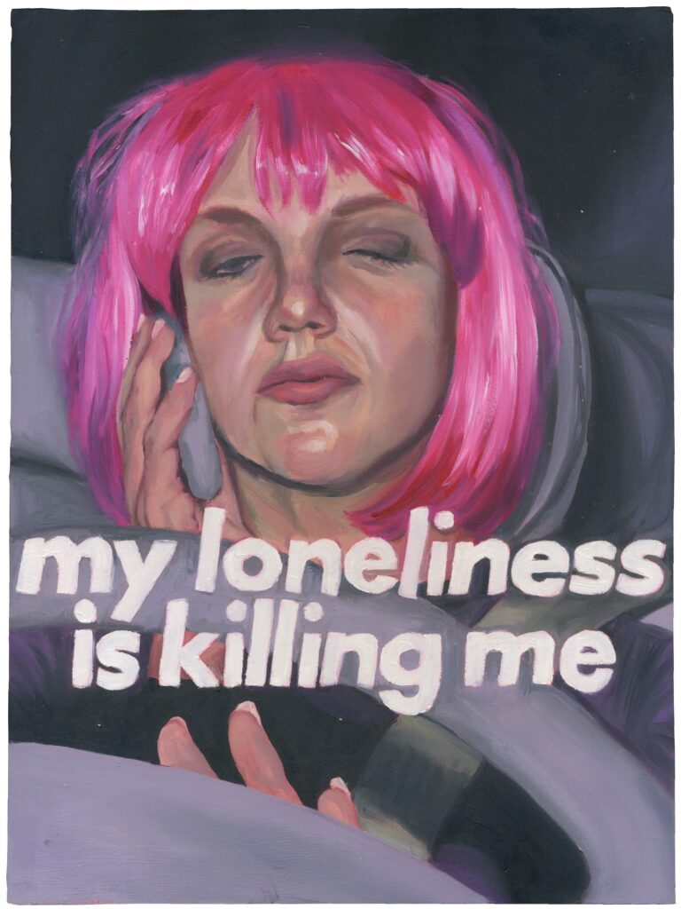 Image: Claire Thompson, pink wig i (my loneliness is killing me), 2021, oil on panel, 12" x 16". A painting of Brittany Spears in a pink wig sitting in her car while on the phone. Text across the image reads, "my loneliness is killing me". Image courtesy of the artist.