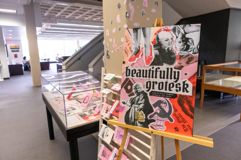 Image: Installation view of Beautifully Grotesk at the Lucille C. Little Fine Arts Library. Photo by author Josh Porter.