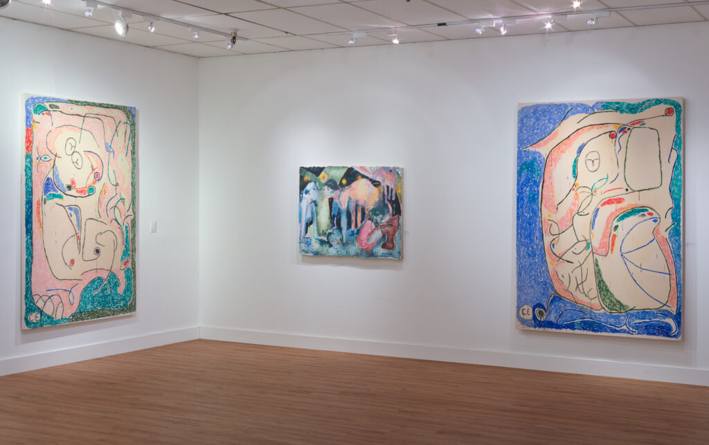 Image: An installation view of Wow, Nice. at Racecar Factory gallery. From left to right hangs the piece She moves in her own wave (St Ives) by Chloe Ellis, bottom feeders by Madeline Norton, and Waking up next to you by Chloe Ellis. Image courtesy of the gallery.