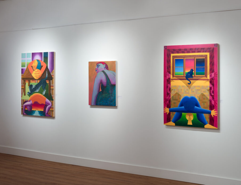 Image: An installation view of Wow, Nice. at Racecar Factory gallery. From left to right hangs the pieces Big Stretch by Antonia Constantine, To Breath Deep Against Your Bones by Genevieve Cohn, and Good Flow by Antonia Constantine. Image courtesy of the gallery.
