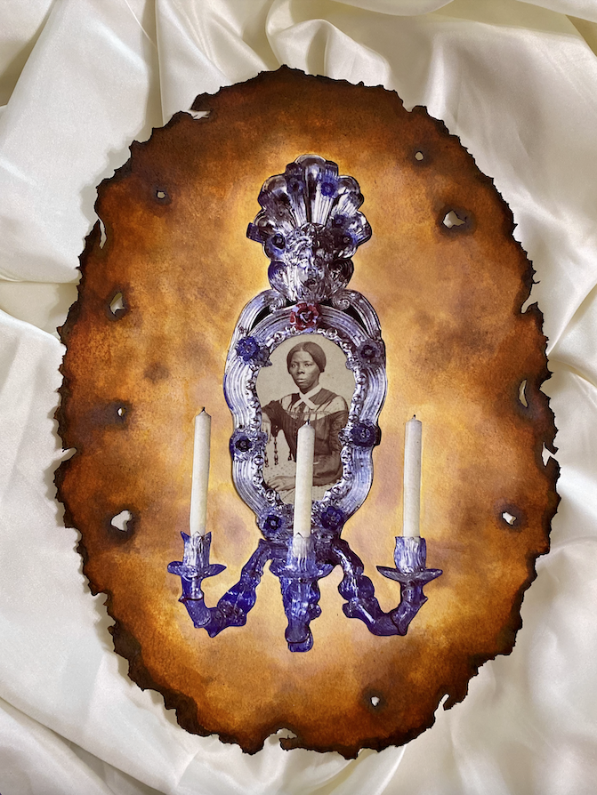 Image: Alivia Blade, And We Do This in Remembrance of HARRIET, 2022. Collage and ink on watercolor paper. The piece is in the shape of on oval and shows an image of Harriet Tubman in the center. Below her is a candle fixture.