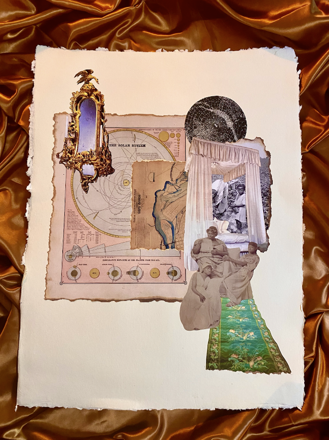 Image: Alivia Blade, We Are Worthy of 1,000 Years of Rest, 2022. Collage on watercolor paper. A 2D piece lays on burnt orange-colored fabric. The collage piece is made up of various images, including a green rug, a group of women, pink curtains, and our solar system.
