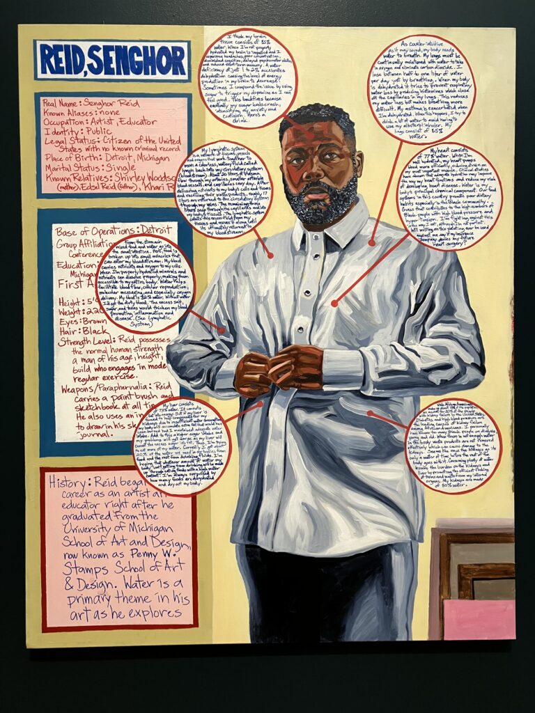 Image: Senghor Reid, Gray’s Anatomy IV, 2022. Acrylic on canvas. An image of a man buttoning his shirt can be see on the left, with a variety of speech bubbles surrounding him. Photos by Kim Kobersmith