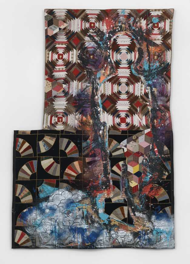 Image: Sanford Biggers, Shepherd, 2016. Antique quilt, assorted textiles, acrylic, spray paint, tar, glitter. 119h x 79w x 3d in., ssbquilt063 © Sanford Biggers and Massimo De Carlo. A photo of a contemporary quilt piece hanging on a wall. The quilt is mostly dark with pops of primary colors in various geometric patterns. Towards the bottom are silver and blue cloud-like shapes.