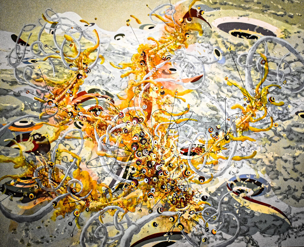 Image: Matthew Ritchie, The Eighth Sea, 2002. Oil and ink on canvas. The painting is abstract with winding, abstract, gestural lines of yellow and grey across the canvas. Photo by Kevin Nance.